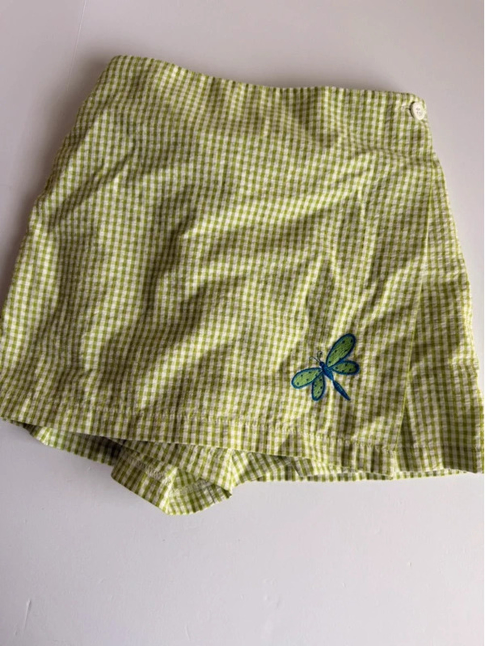 Vintage Kelly's Kids Green Gingham Embroidered Dragonfly Skort Size M (7-8)